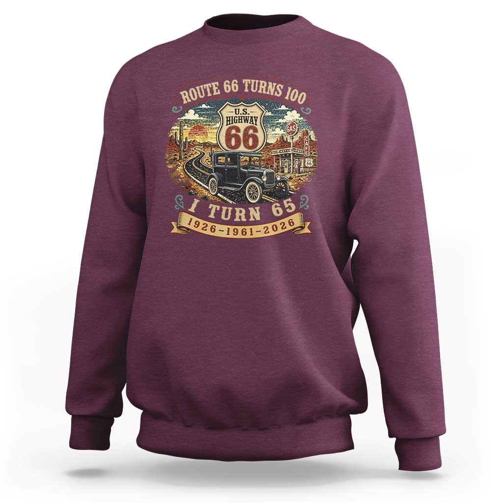 Route Highway 66 Turns 100 I Turn 65 Sweatshirt Vintage 1961 Road Sign Antique Car Lover 65th Birthday Gift