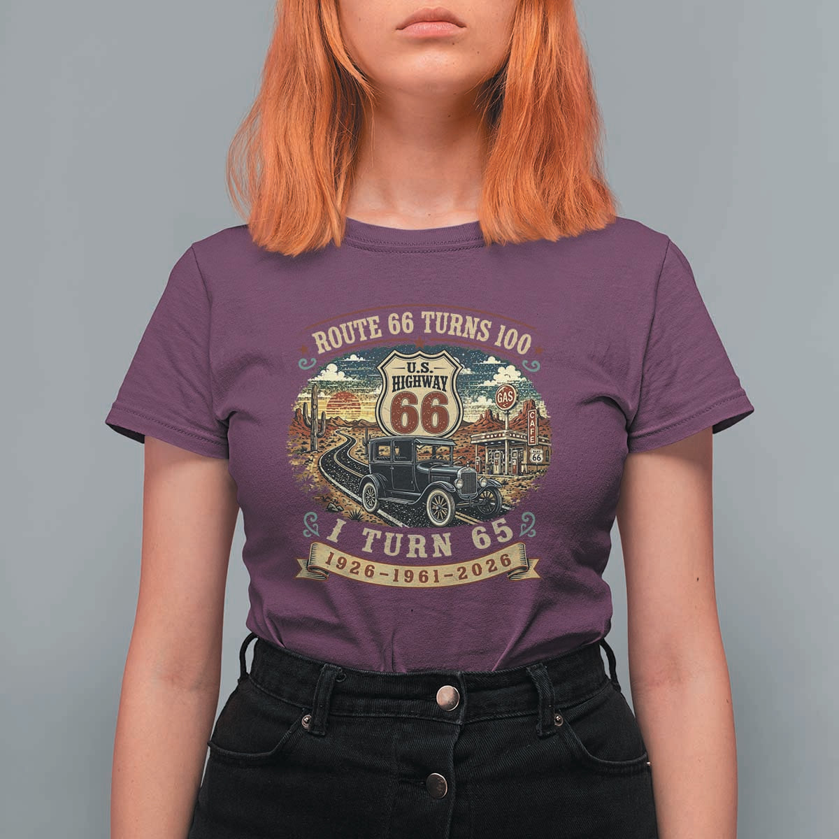 Route Highway 66 Turns 100 I Turn 65 T Shirt For Women Vintage 1961 Road Sign Antique Car Lover 65th Birthday Gift