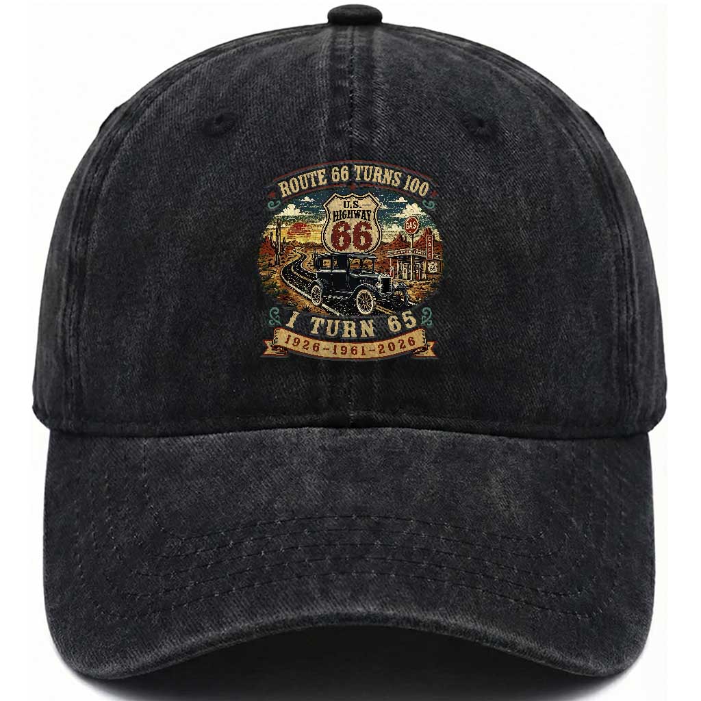 Route Highway 66 Turns 100 I Turn 65 Washed Cotton Baseball Cap Vintage 1961 Road Sign Antique Car Lover 65th Birthday Gift