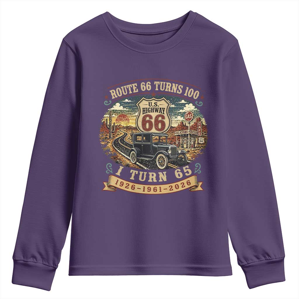 Route Highway 66 Turns 100 I Turn 65 Youth Sweatshirt Vintage 1961 Road Sign Antique Car Lover 65th Birthday Gift