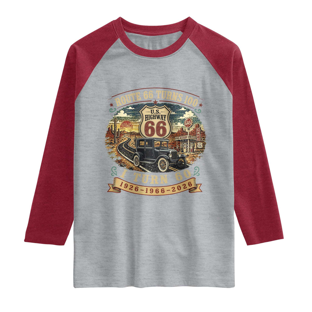 Route Highway 66 Turns 100 I Turn 60 Raglan Shirt Vintage 1966 Road Sign Antique Car Lover 60th Birthday Gift