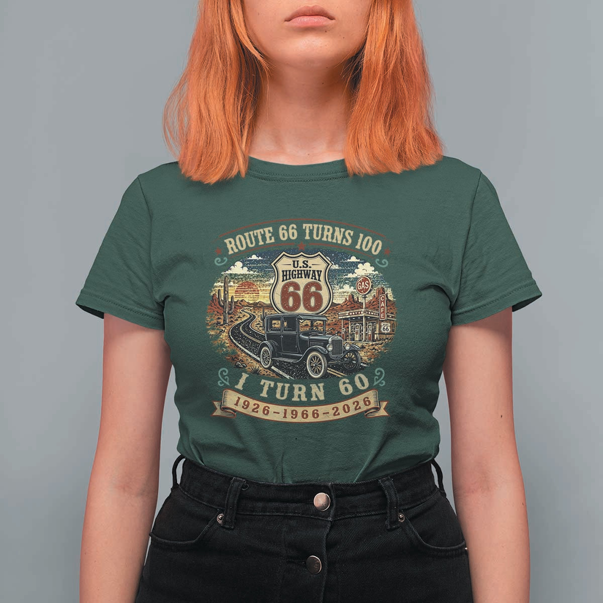Route Highway 66 Turns 100 I Turn 60 T Shirt For Women Vintage 1966 Road Sign Antique Car Lover 60th Birthday Gift
