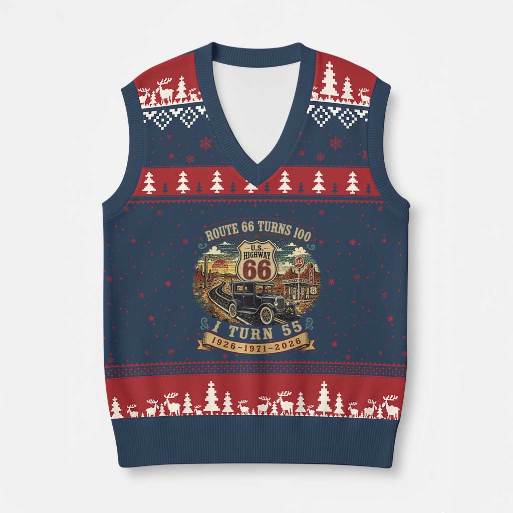 Route Highway 66 Turns 100 I Turn 55 V-Neck Knit Sweater Vest Vintage 1971 Road Sign Antique Car Lover 55th Birthday Gift