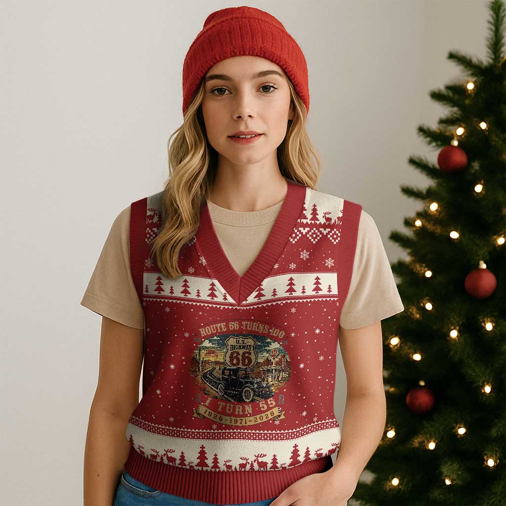 Route Highway 66 Turns 100 I Turn 55 V-Neck Knit Sweater Vest Vintage 1971 Road Sign Antique Car Lover 55th Birthday Gift
