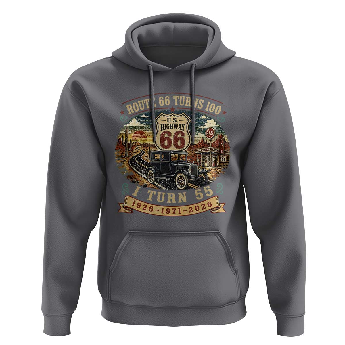 Route Highway 66 Turns 100 I Turn 55 Hoodie Vintage 1971 Road Sign Antique Car Lover 55th Birthday Gift