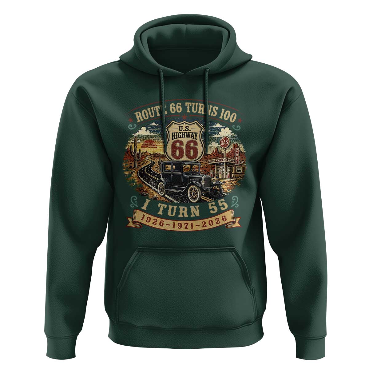 Route Highway 66 Turns 100 I Turn 55 Hoodie Vintage 1971 Road Sign Antique Car Lover 55th Birthday Gift