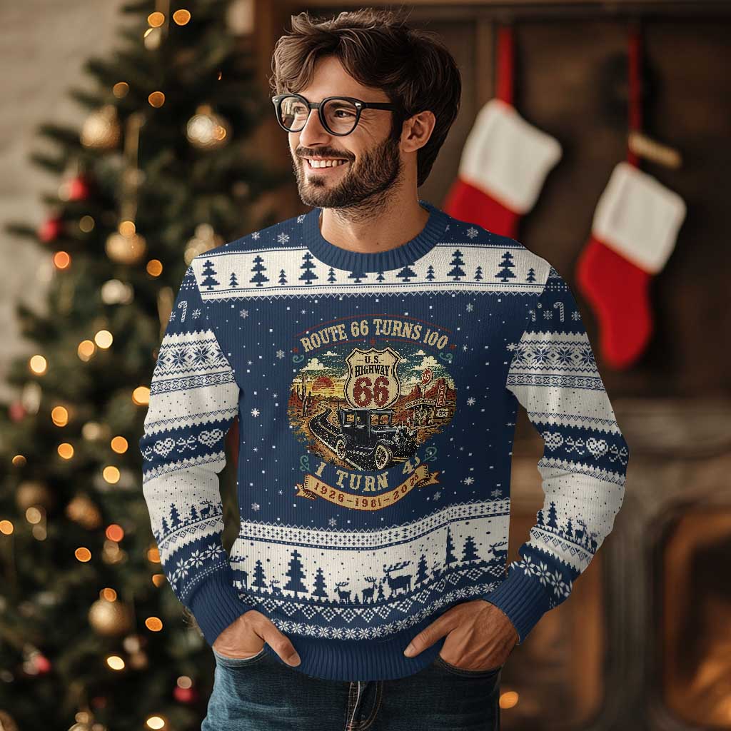Route Highway 66 Turns 100 I Turn 45 Ugly Christmas Sweater Vintage 1981 Road Sign Antique Car Lover 45th Birthday Gift