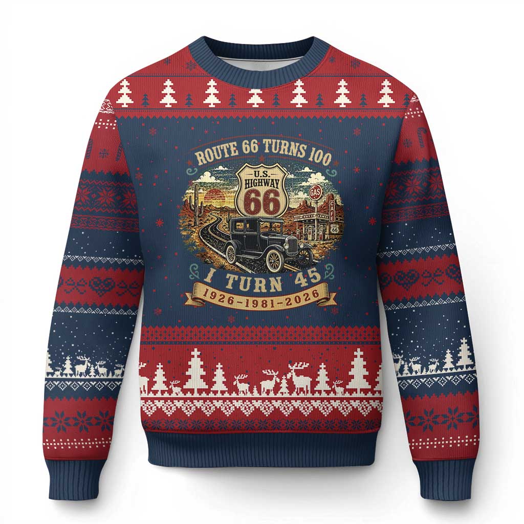 Route Highway 66 Turns 100 I Turn 45 Ugly Christmas Sweater Vintage 1981 Road Sign Antique Car Lover 45th Birthday Gift