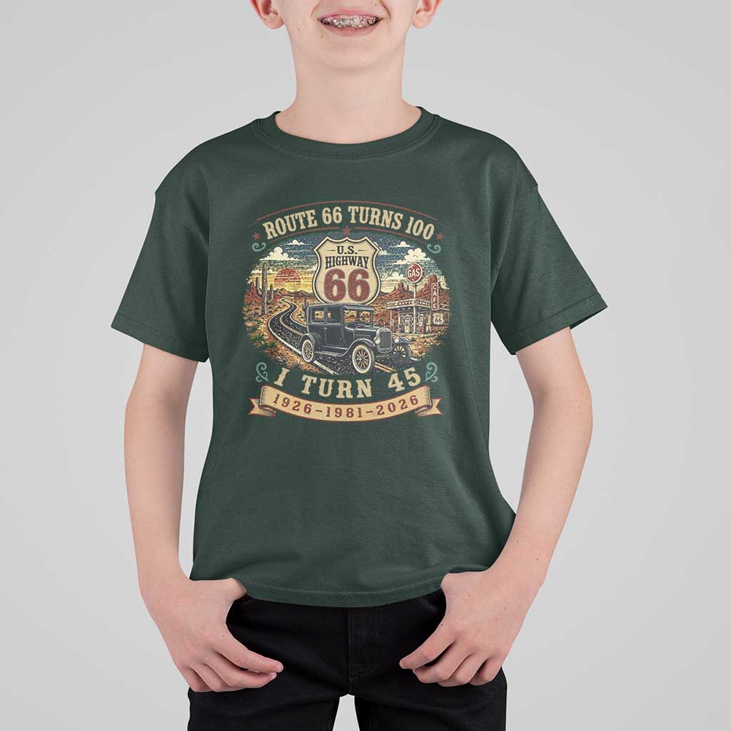 Route Highway 66 Turns 100 I Turn 45 T Shirt For Kid Vintage 1981 Road Sign Antique Car Lover 45th Birthday Gift