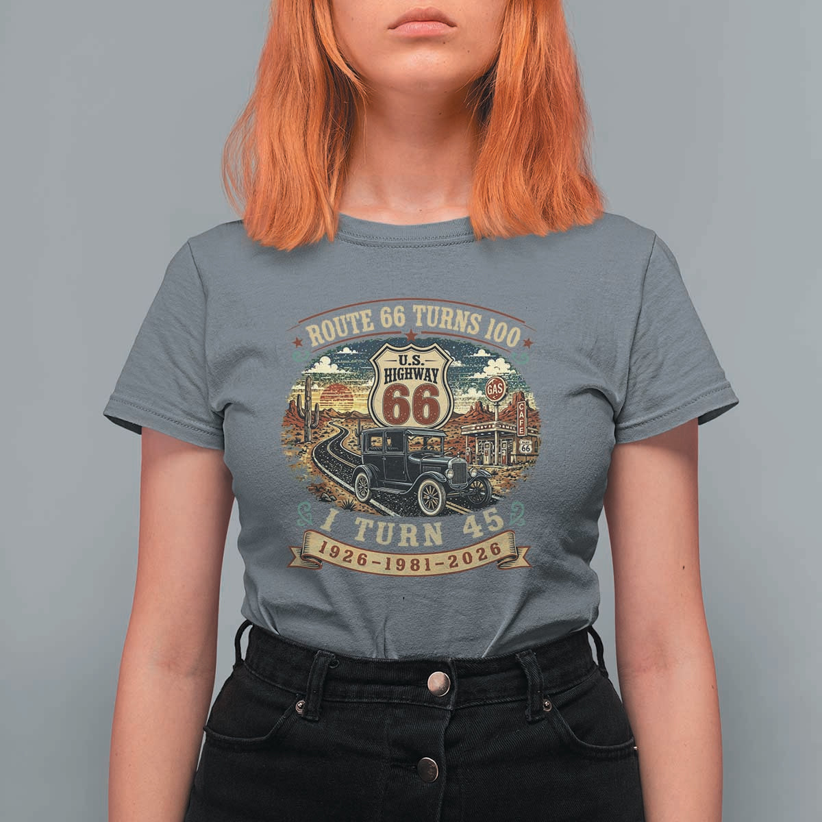 Route Highway 66 Turns 100 I Turn 45 T Shirt For Women Vintage 1981 Road Sign Antique Car Lover 45th Birthday Gift