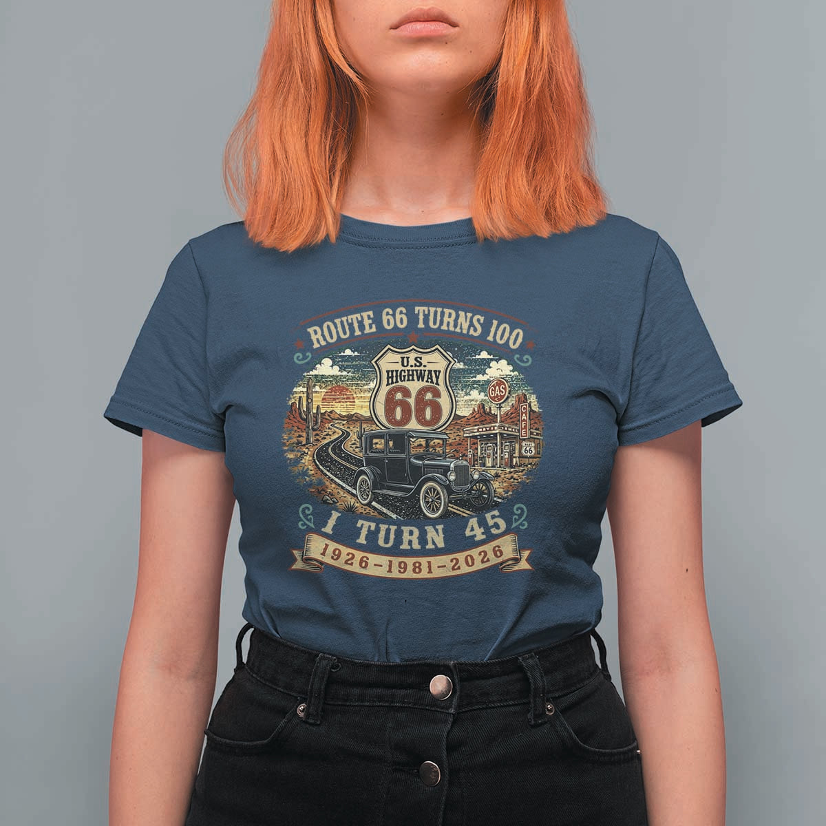 Route Highway 66 Turns 100 I Turn 45 T Shirt For Women Vintage 1981 Road Sign Antique Car Lover 45th Birthday Gift