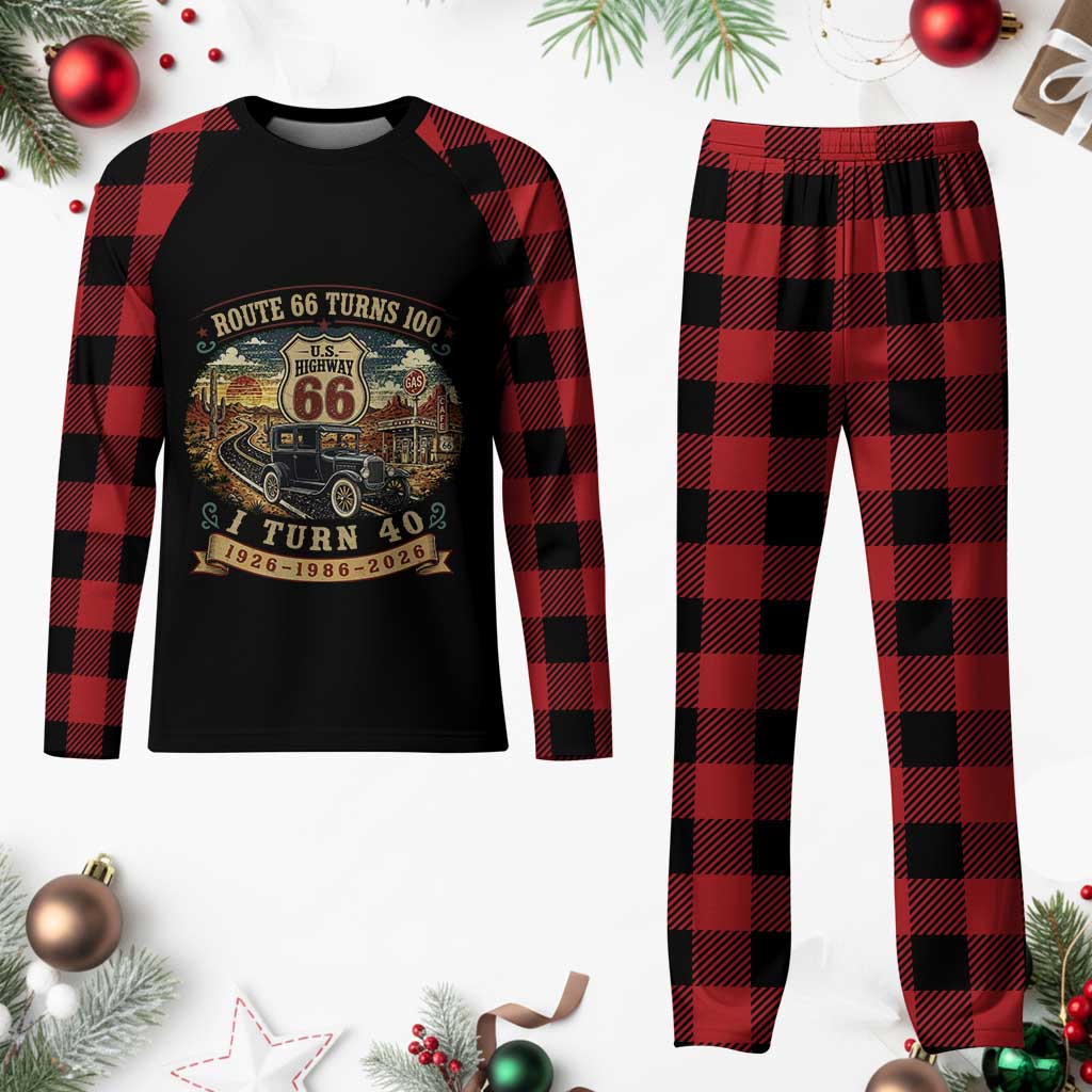 Route Highway 66 Turns 100 I Turn 40 Plaid Pajama Set Vintage 1986 Road Sign Antique Car Lover 40th Birthday Gift