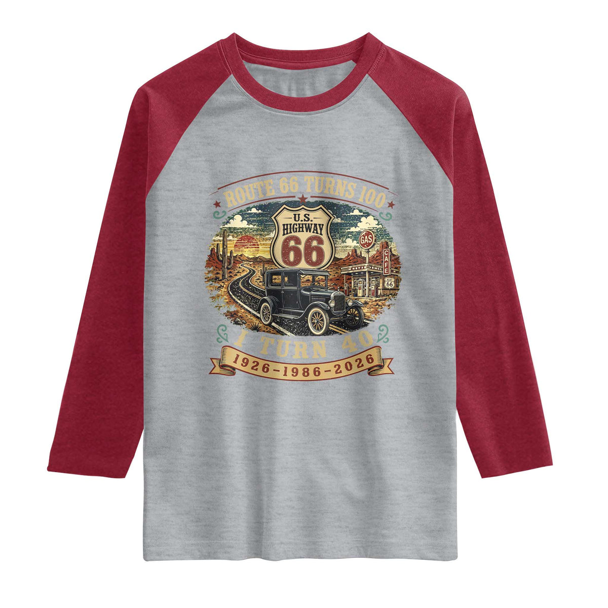 Route Highway 66 Turns 100 I Turn 40 Raglan Shirt Vintage 1986 Road Sign Antique Car Lover 40th Birthday Gift