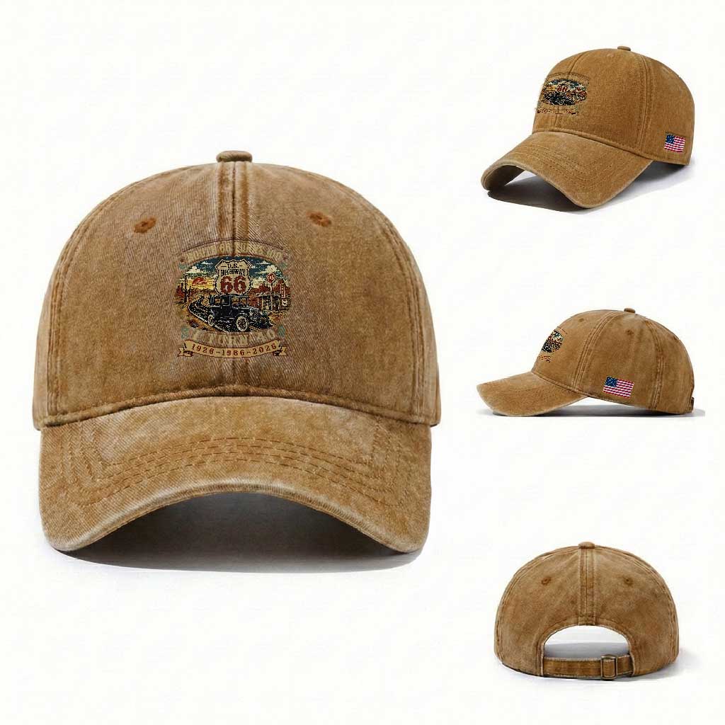 Route Highway 66 Turns 100 I Turn 40 Washed Cotton Baseball Cap Vintage 1986 Road Sign Antique Car Lover 40th Birthday Gift