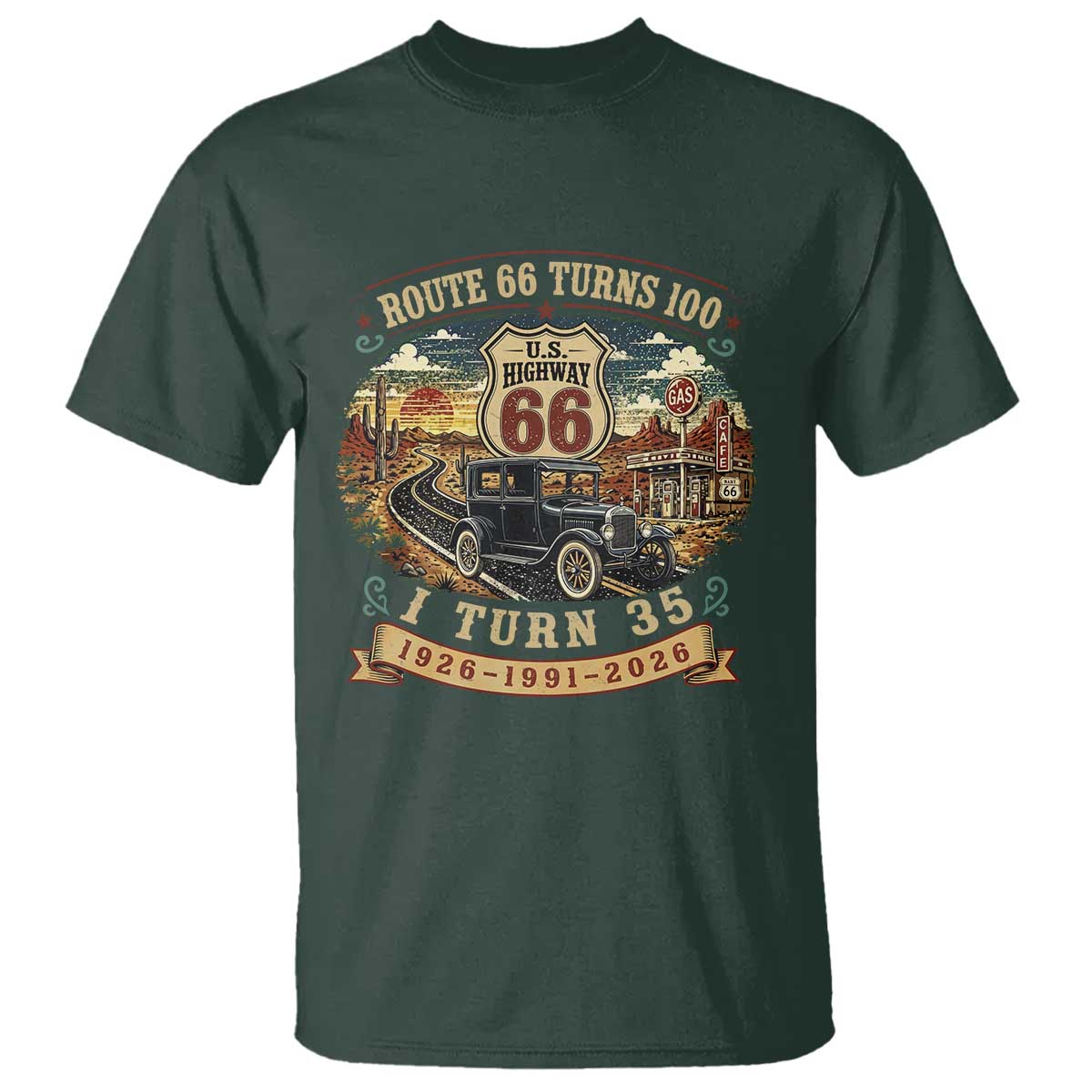 Route Highway 66 Turns 100 I Turn 35 T Shirt Vintage 1991 Road Sign Antique Car Lover 35th Birthday Gift