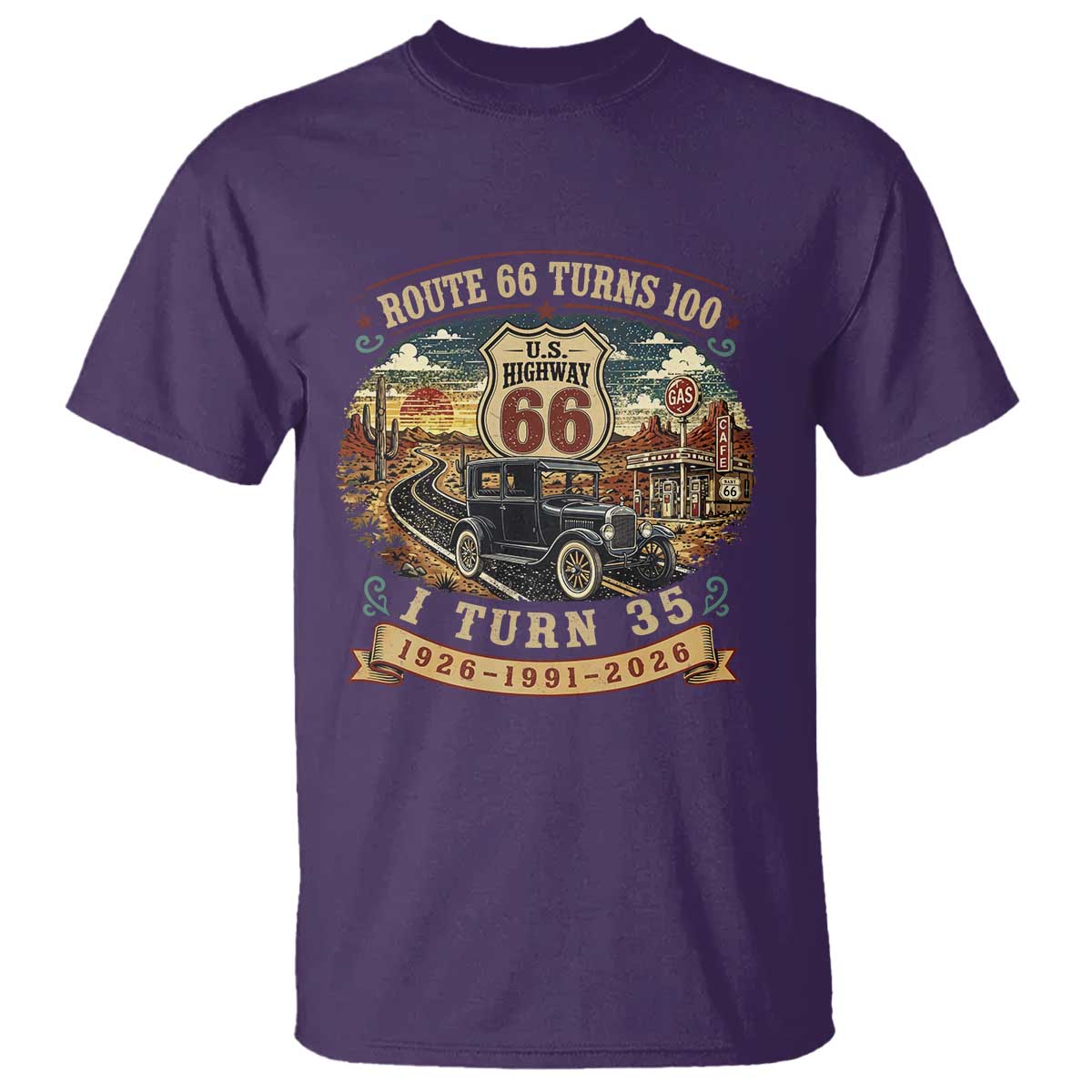 Route Highway 66 Turns 100 I Turn 35 T Shirt Vintage 1991 Road Sign Antique Car Lover 35th Birthday Gift