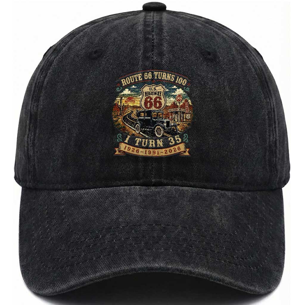 Route Highway 66 Turns 100 I Turn 35 Washed Cotton Baseball Cap Vintage 1991 Road Sign Antique Car Lover 35th Birthday Gift
