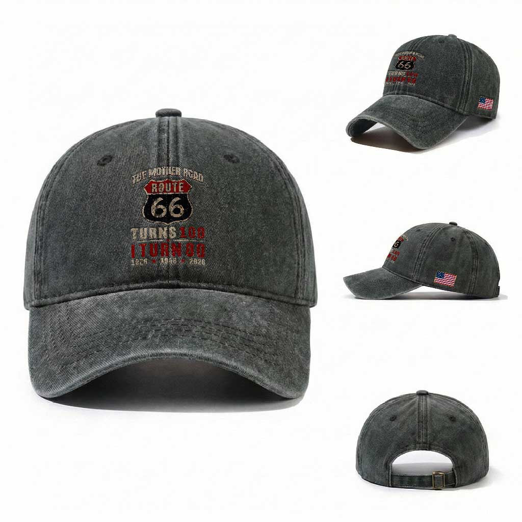 Route Highway 66 Turns 100 I Turn 80 Washed Cotton Baseball Cap Vintage 1946 Road Sign 80th Birthday Gift