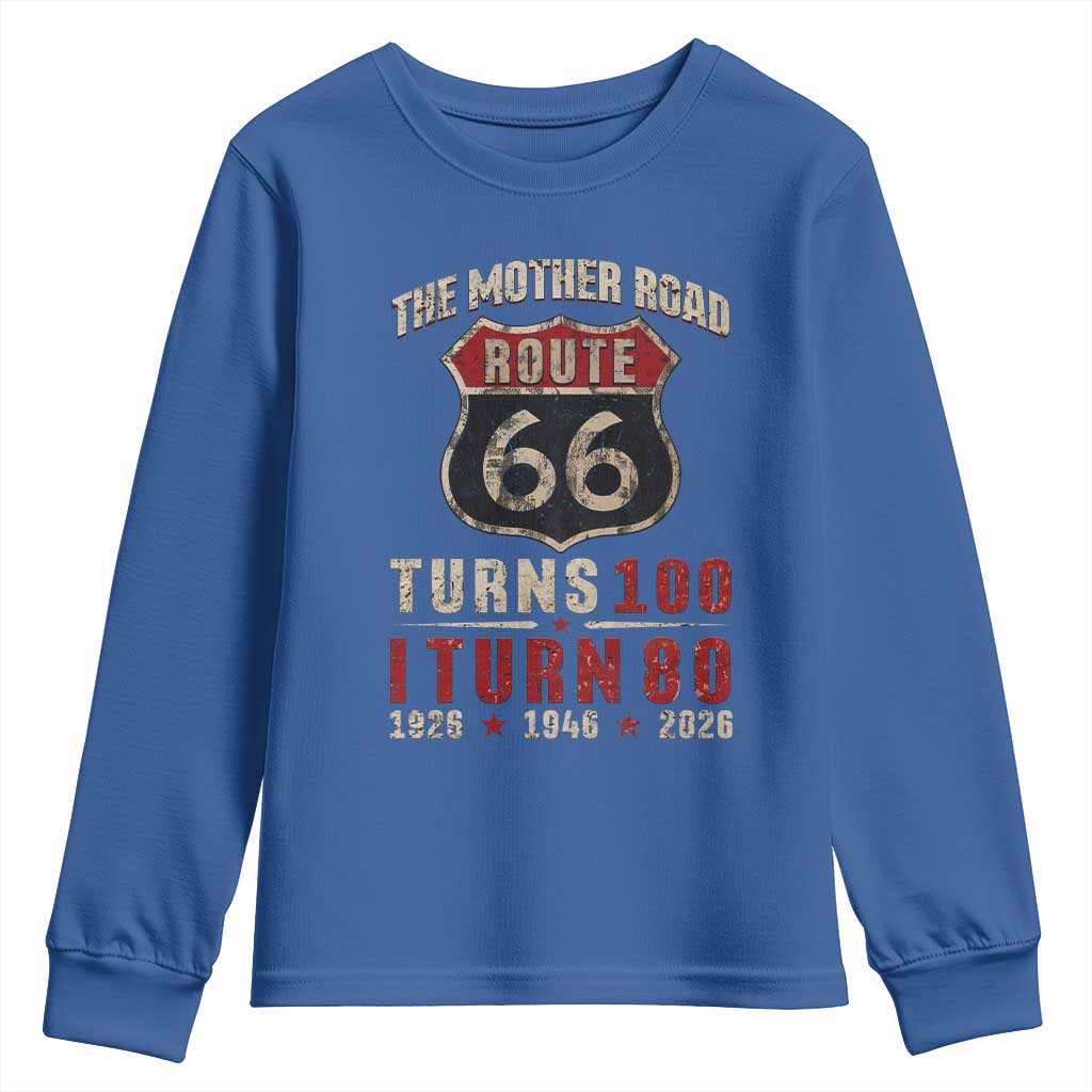 Route Highway 66 Turns 100 I Turn 80 Youth Sweatshirt Vintage 1946 Road Sign 80th Birthday Gift