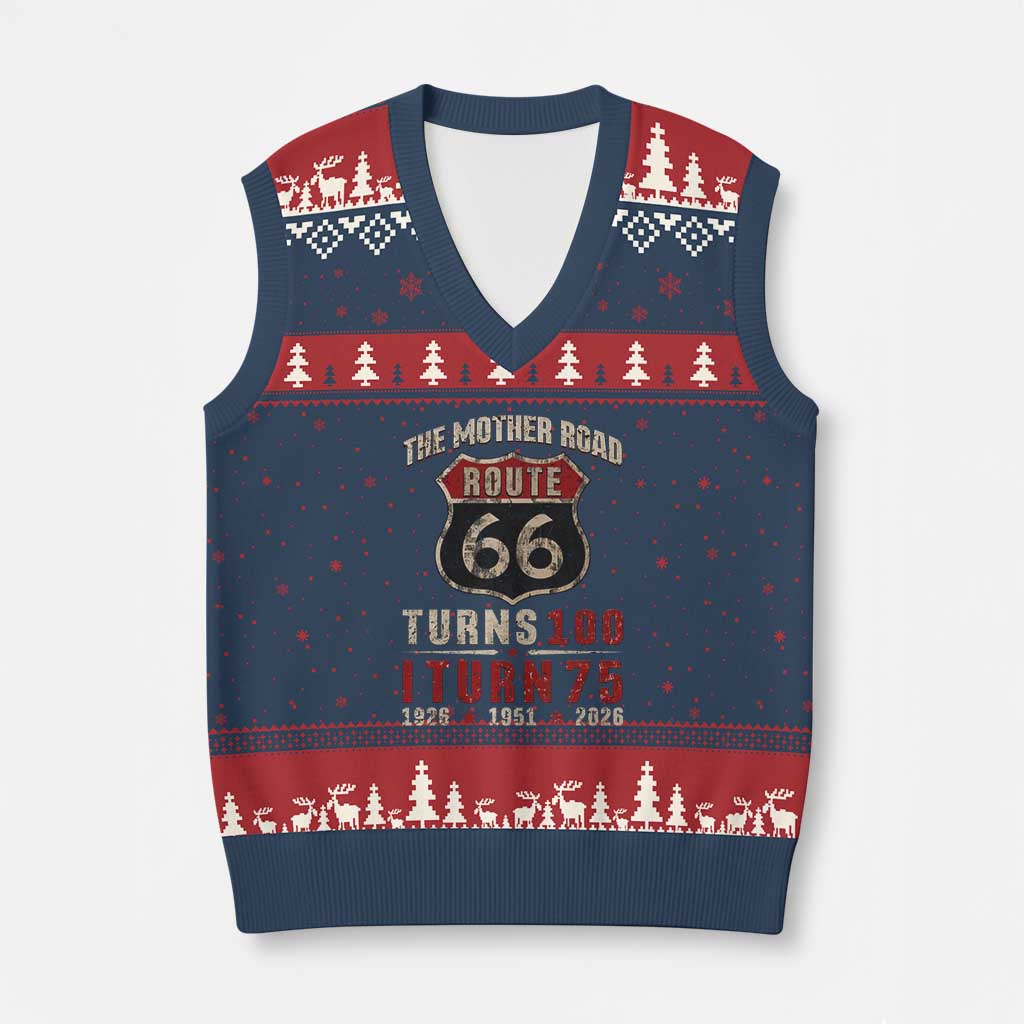 Route Highway 66 Turns 100 I Turn 75 V-Neck Knit Sweater Vest Vintage 1951 Road Sign 75th Birthday Gift