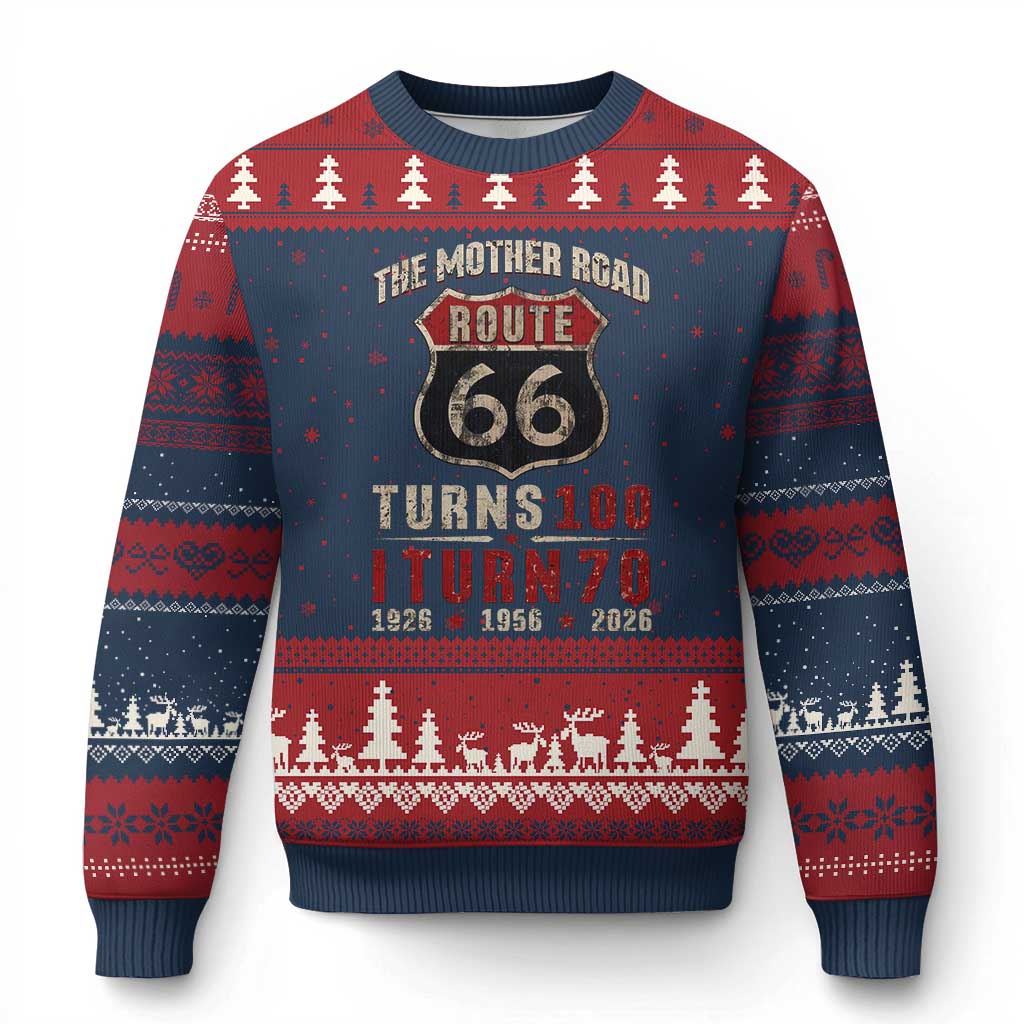 Route Highway 66 Turns 100 I Turn 70 Ugly Christmas Sweater Vintage 1956 Road Sign 70th Birthday Gift