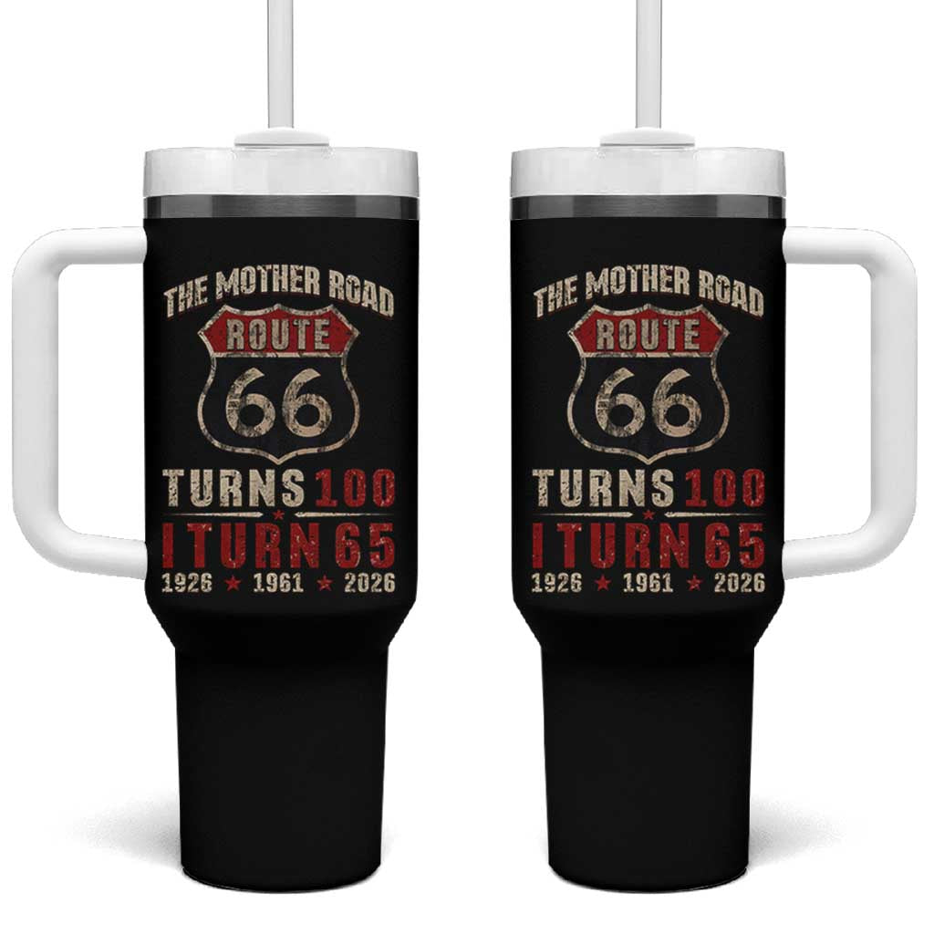 Route Highway 66 Turns 100 I Turn 65 Tumbler With Handle Vintage 1961 Road Sign 65th Birthday Gift