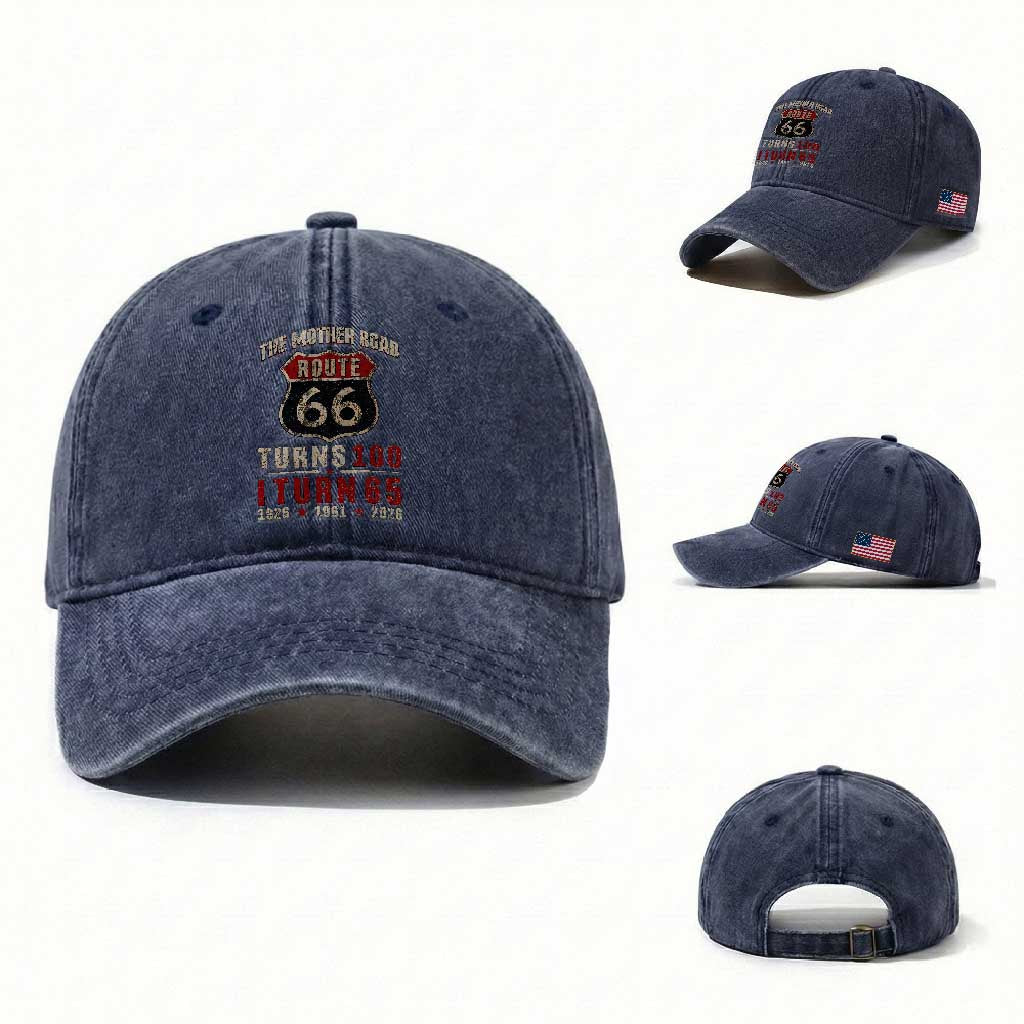 Route Highway 66 Turns 100 I Turn 65 Washed Cotton Baseball Cap Vintage 1961 Road Sign 65th Birthday Gift
