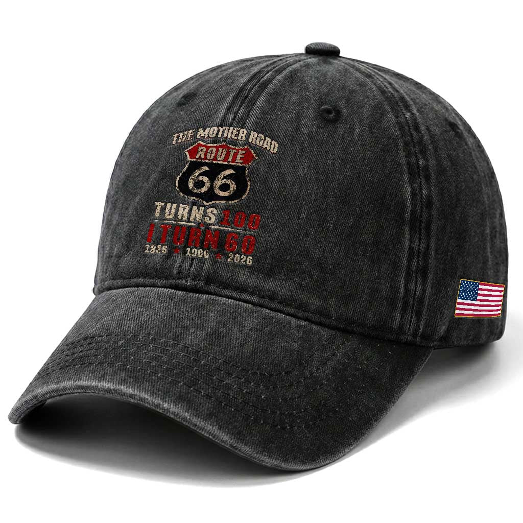 Route Highway 66 Turns 100 I Turn 60 Washed Cotton Baseball Cap Vintage 1966 Road Sign 60th Birthday Gift