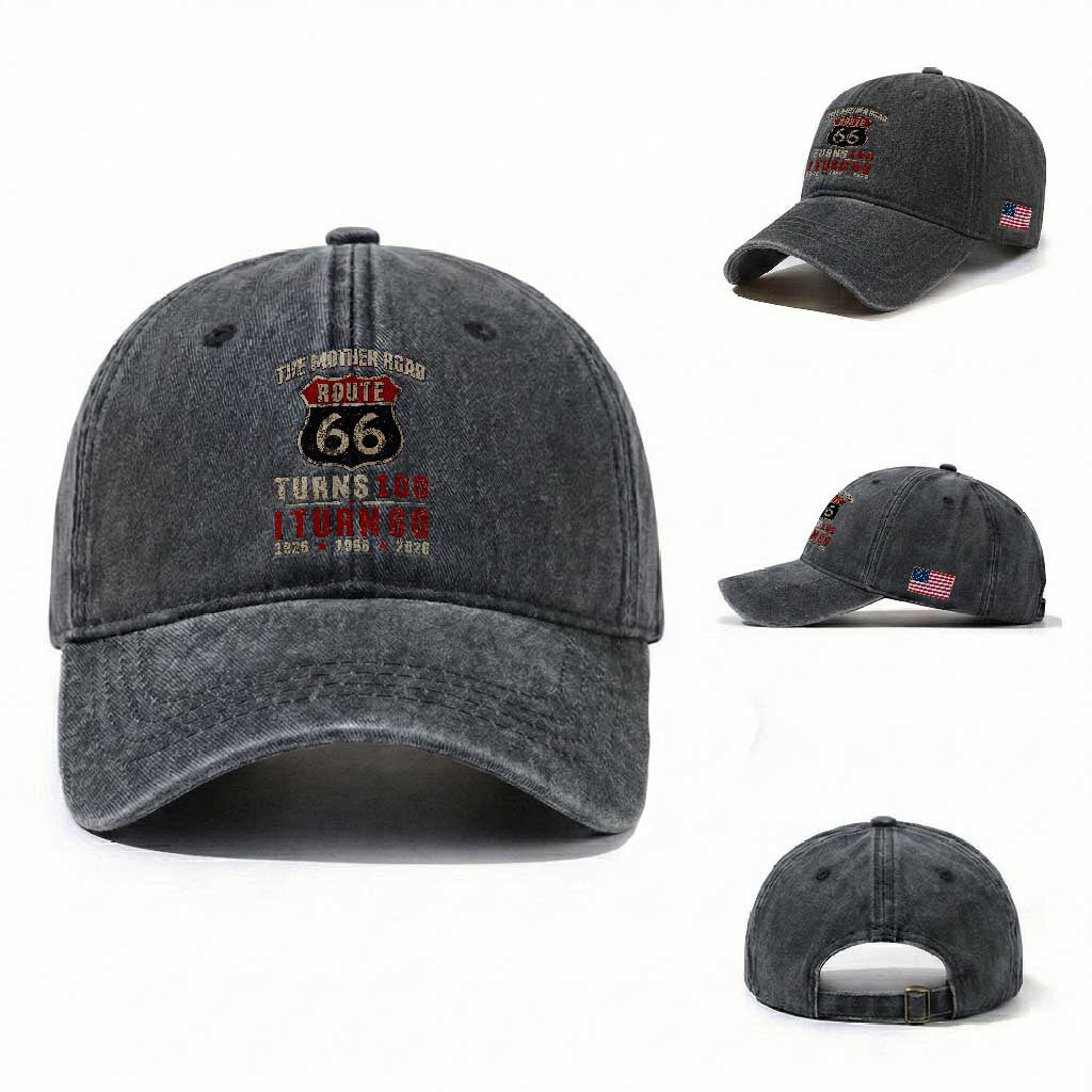 Route Highway 66 Turns 100 I Turn 60 Washed Cotton Baseball Cap Vintage 1966 Road Sign 60th Birthday Gift
