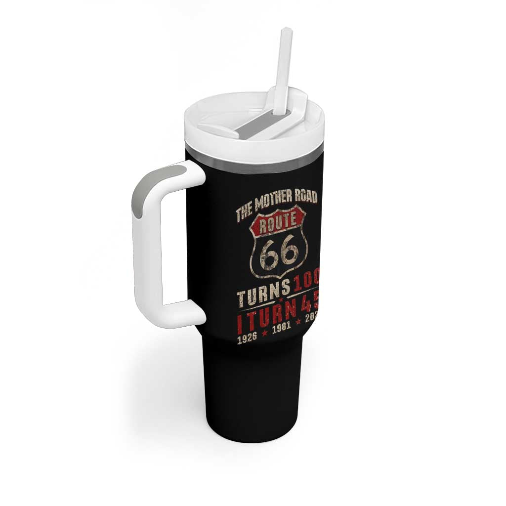 Route Highway 66 Turns 100 I Turn 45 Tumbler With Handle Vintage 1981 Road Sign 45th Birthday Gift