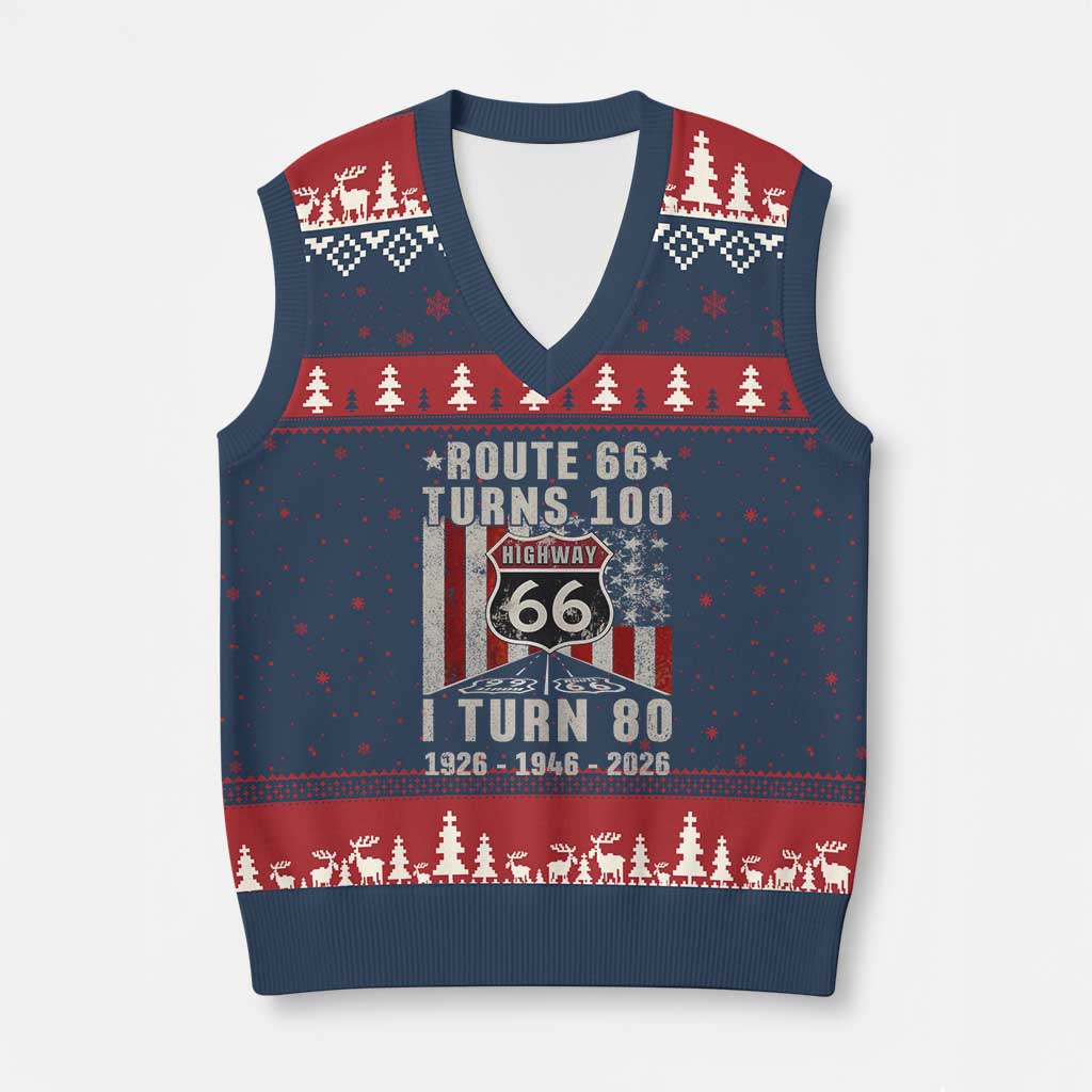 Route Highway 66 Turns 100 I Turn 80 V-Neck Knit Sweater Vest Vintage 1946 Born American Road Sign 80th Birthday Gift
