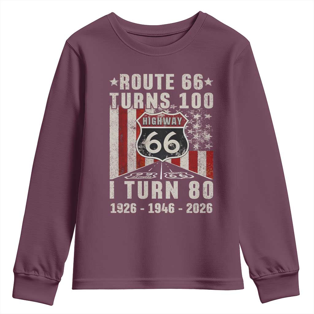 Route Highway 66 Turns 100 I Turn 80 Youth Sweatshirt Vintage 1946 Born American Road Sign 80th Birthday Gift