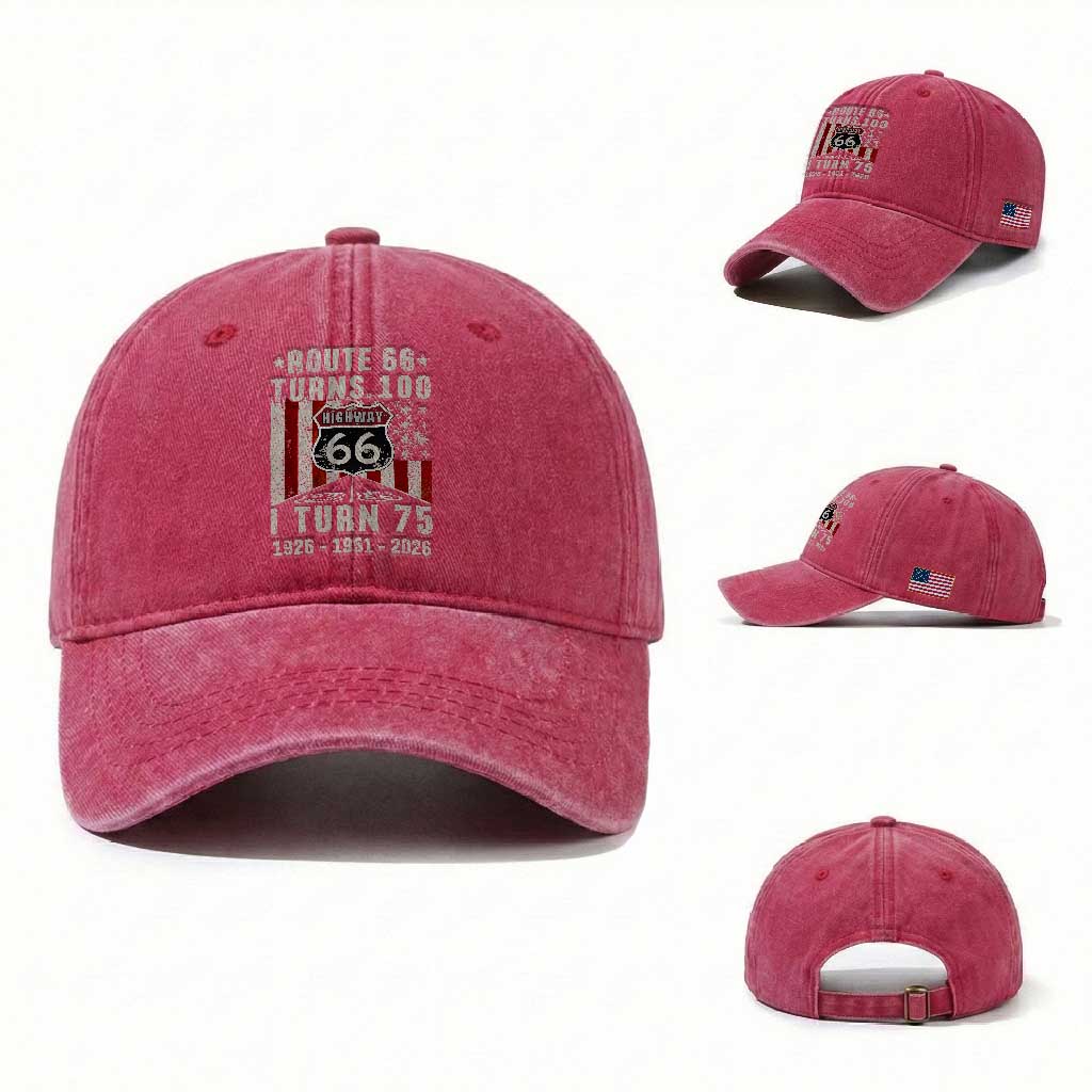 Route Highway 66 Turns 100 I Turn 75 Washed Cotton Baseball Cap Vintage 1951 Born American Road Sign 75th Birthday Gift