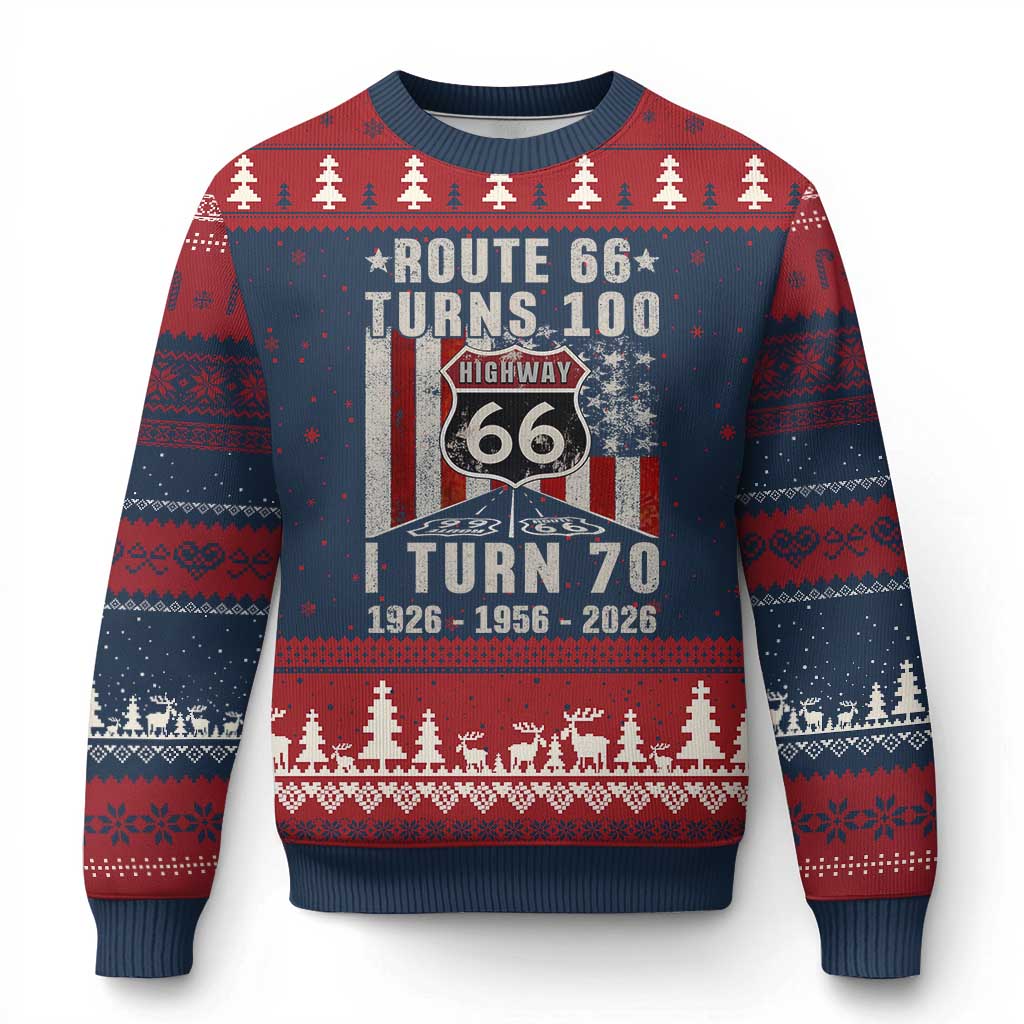 Route Highway 66 Turns 100 I Turn 70 Ugly Christmas Sweater Vintage 1956 Born American Road Sign 70th Birthday Gift