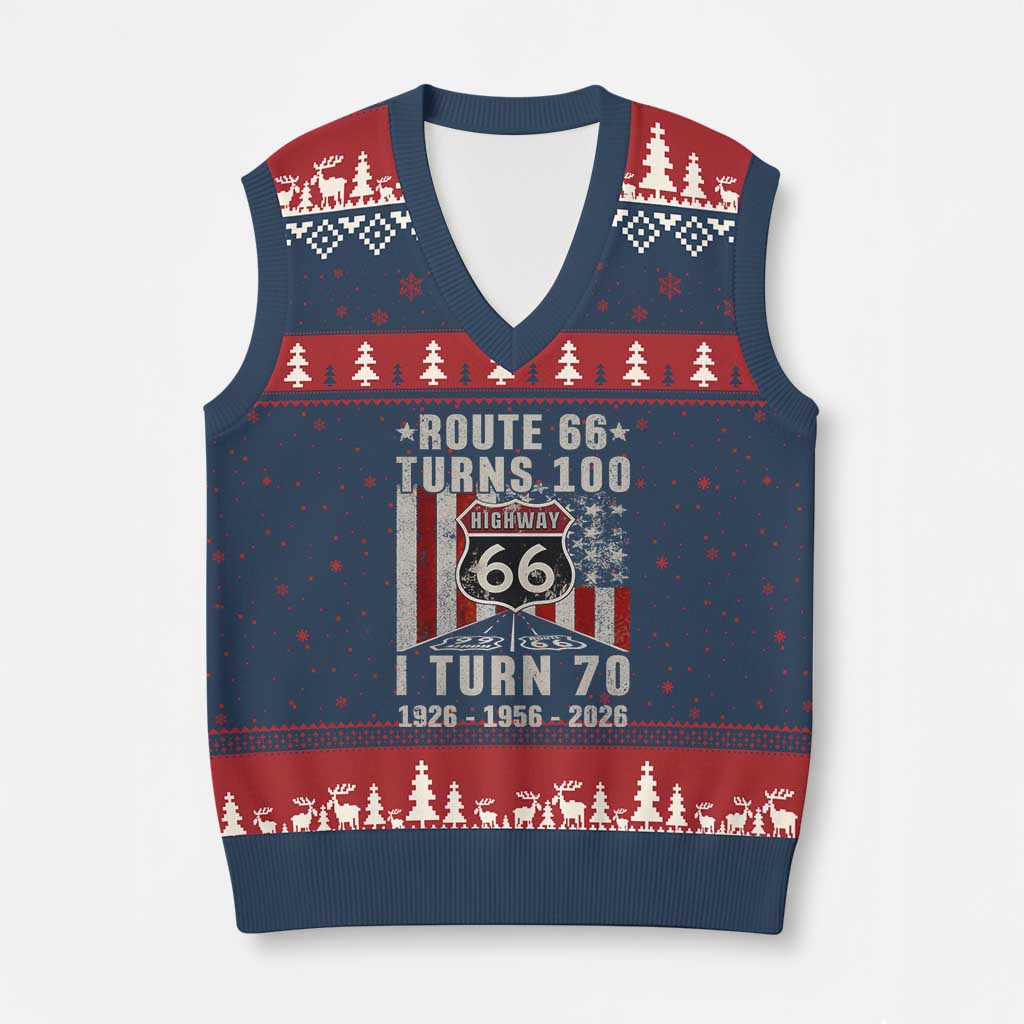 Route Highway 66 Turns 100 I Turn 70 V-Neck Knit Sweater Vest Vintage 1956 Born American Road Sign 70th Birthday Gift