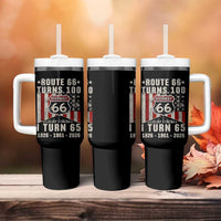 Route Highway 66 Turns 100 I Turn 65 Tumbler With Handle Vintage 1961 Born American Road Sign 65th Birthday Gift