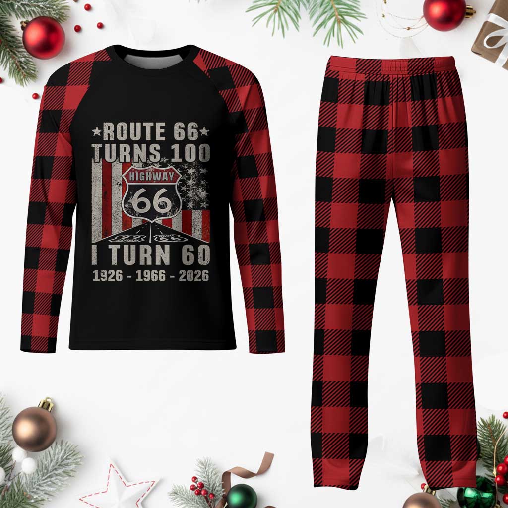 Route Highway 66 Turns 100 I Turn 60 Plaid Pajama Set Vintage 1966 Born American Road Sign 60th Birthday Gift