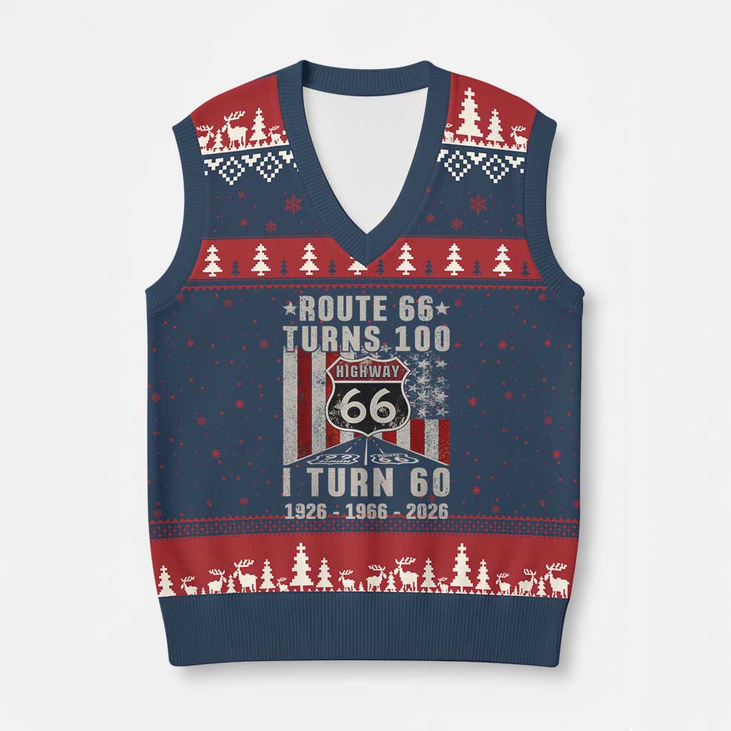 Route Highway 66 Turns 100 I Turn 60 V-Neck Knit Sweater Vest Vintage 1966 Born American Road Sign 60th Birthday Gift