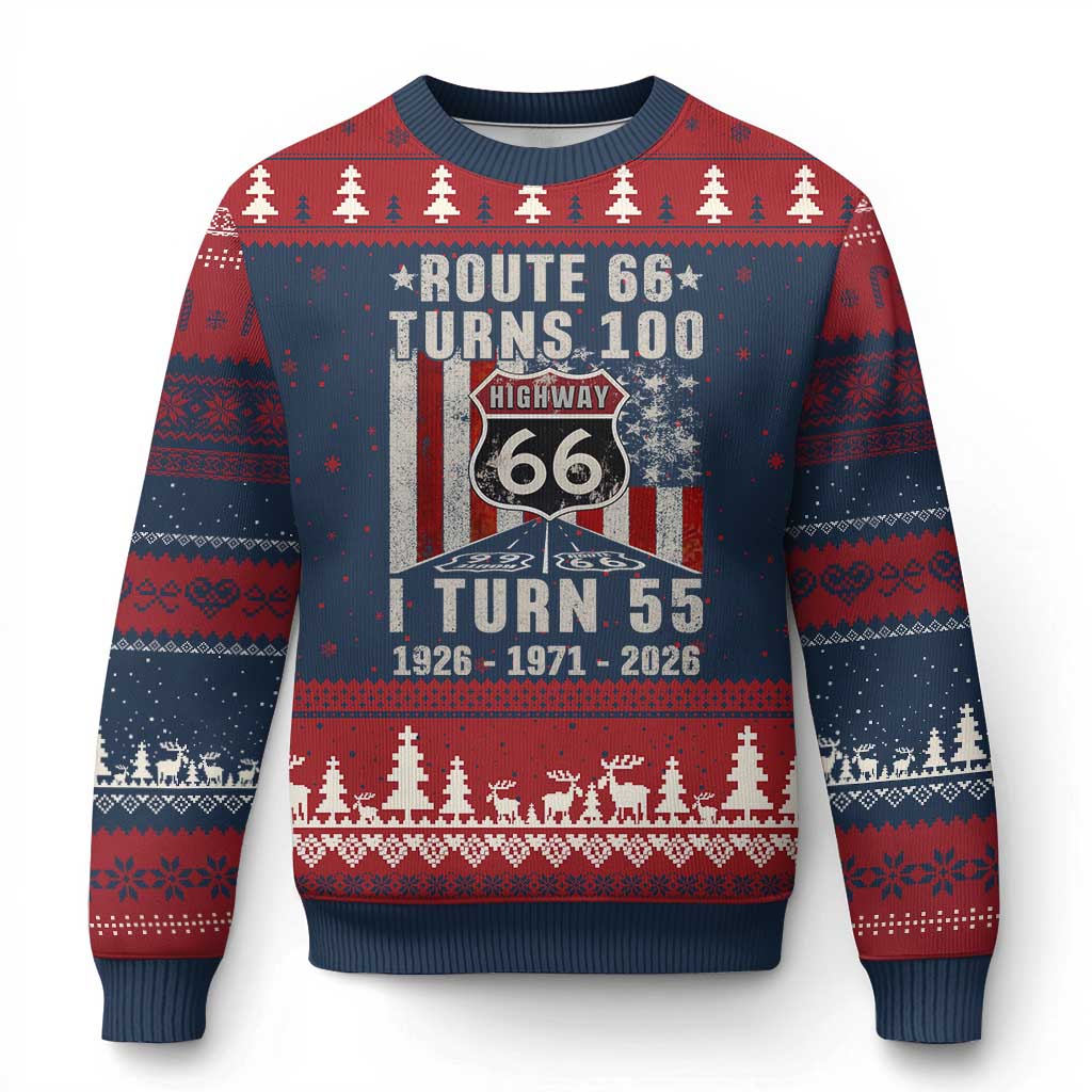 Route Highway 66 Turns 100 I Turn 55 Ugly Christmas Sweater Vintage 1971 Born American Road Sign 55th Birthday Gift