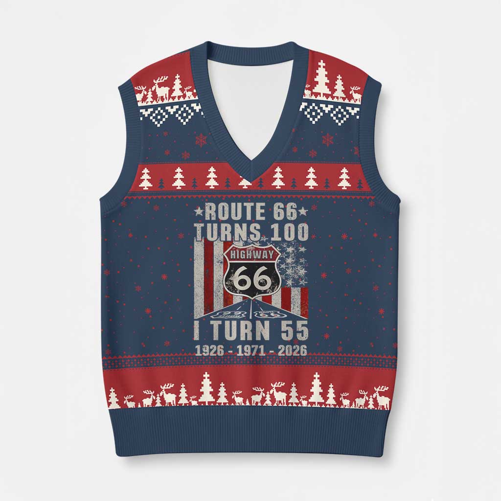 Route Highway 66 Turns 100 I Turn 55 V-Neck Knit Sweater Vest Vintage 1971 Born American Road Sign 55th Birthday Gift