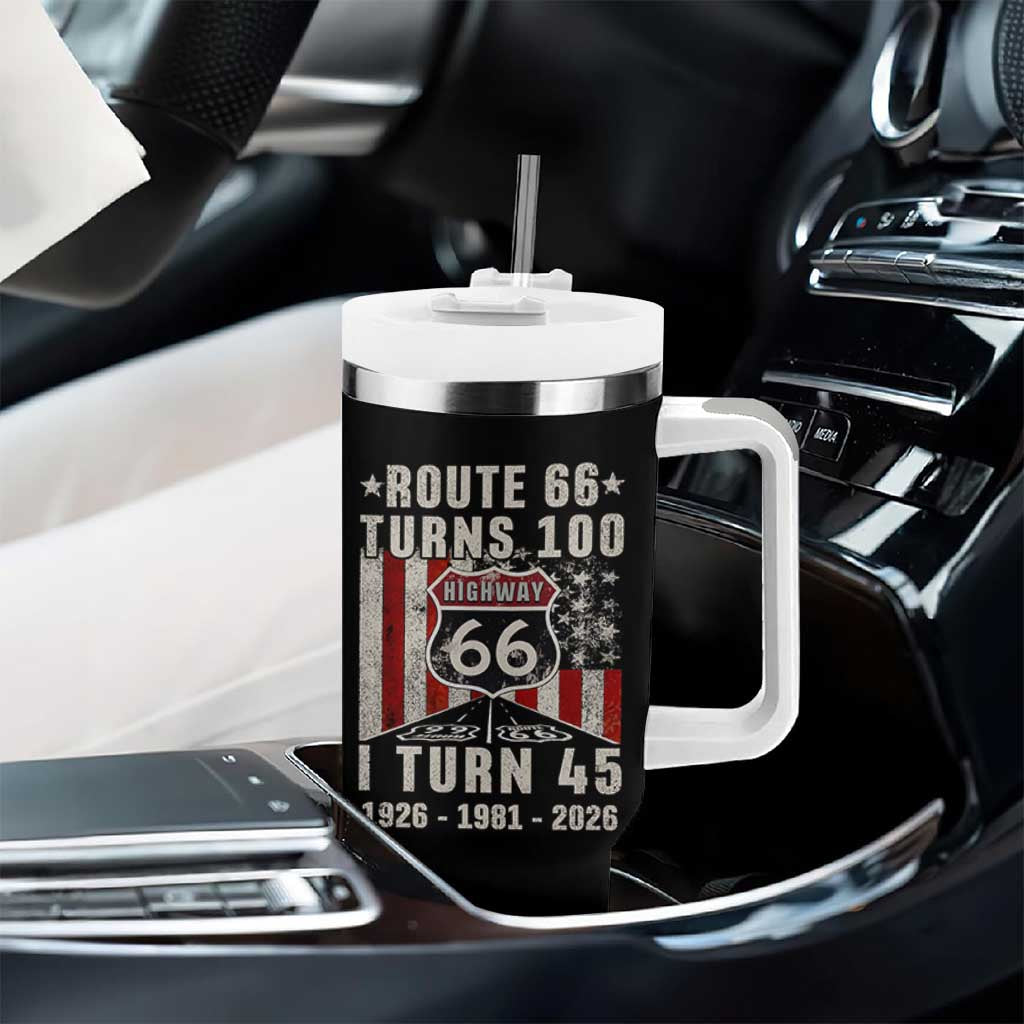 Route Highway 66 Turns 100 I Turn 45 Tumbler With Handle Vintage 1981 Born American Road Sign 45th Birthday Gift