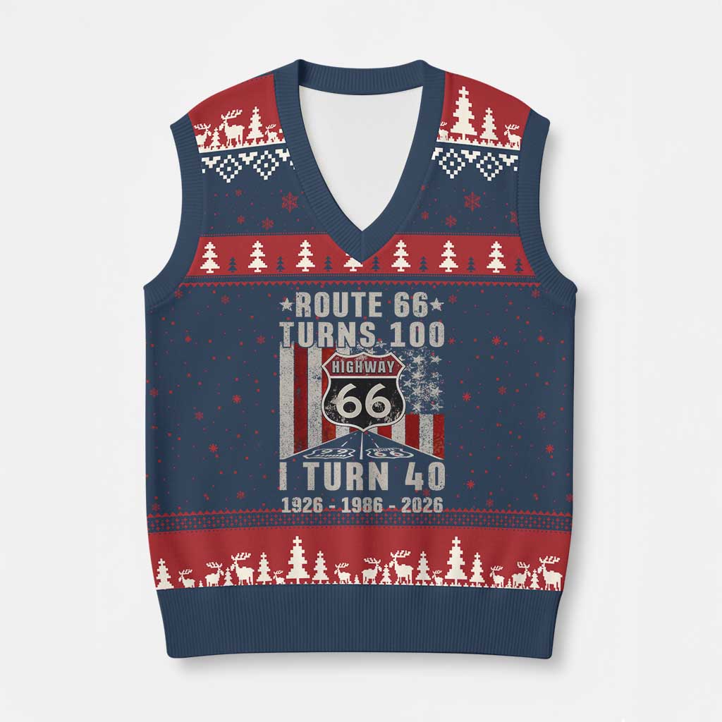 Route Highway 66 Turns 100 I Turn 40 V-Neck Knit Sweater Vest Vintage 1986 Born American Road Sign 40th Birthday Gift