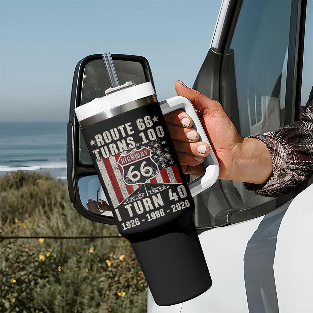 Route Highway 66 Turns 100 I Turn 40 Tumbler With Handle Vintage 1986 Born American Road Sign 40th Birthday Gift