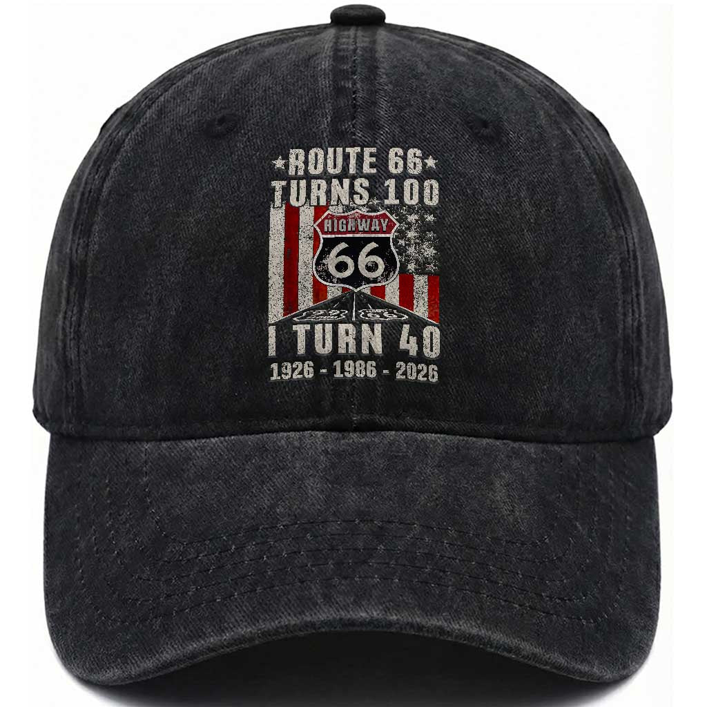 Route Highway 66 Turns 100 I Turn 40 Washed Cotton Baseball Cap Vintage 1986 Born American Road Sign 40th Birthday Gift