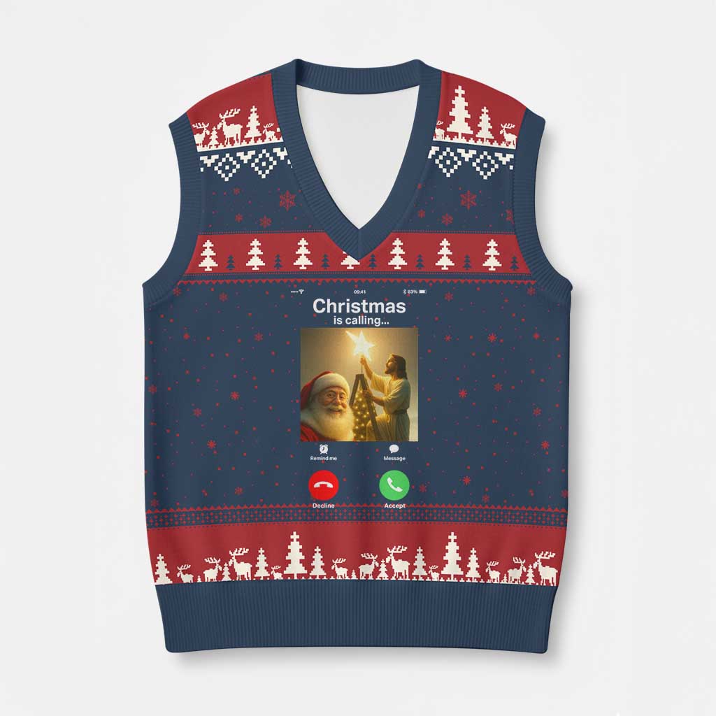 Funny Santa Jesus Video Call V-Neck Knit Sweater Vest - Wonder Print Shop
