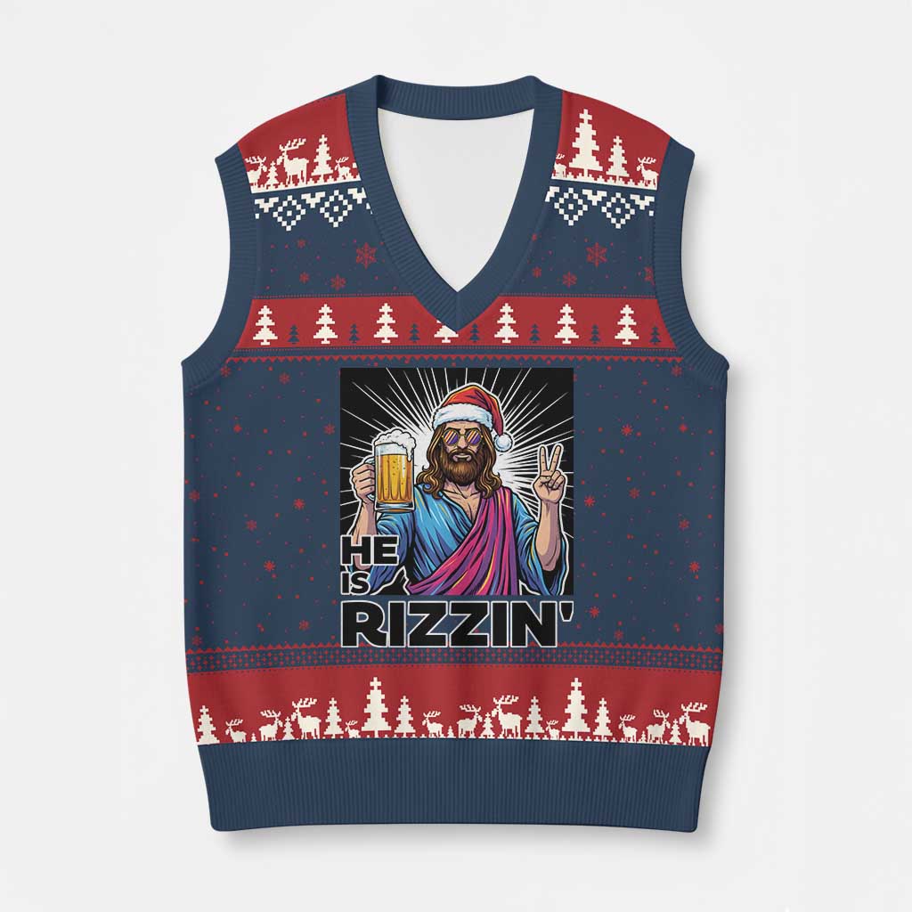 Jesus Xmas V-Neck Knit Sweater Vest Funny Drinking Beer Xmas Holiday - Wonder Print Shop