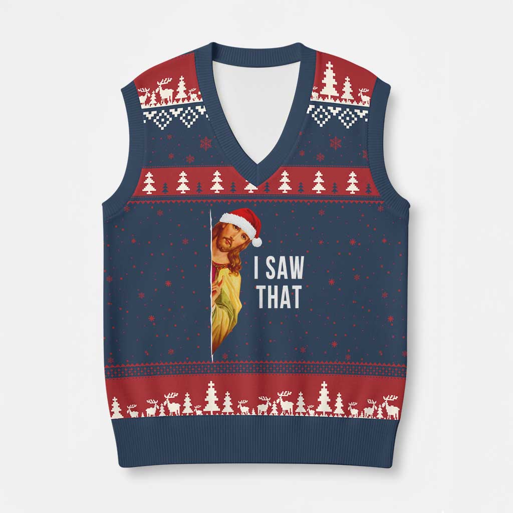 Jesus Xmas Meme V-Neck Knit Sweater Vest I Saw That - Wonder Print Shop