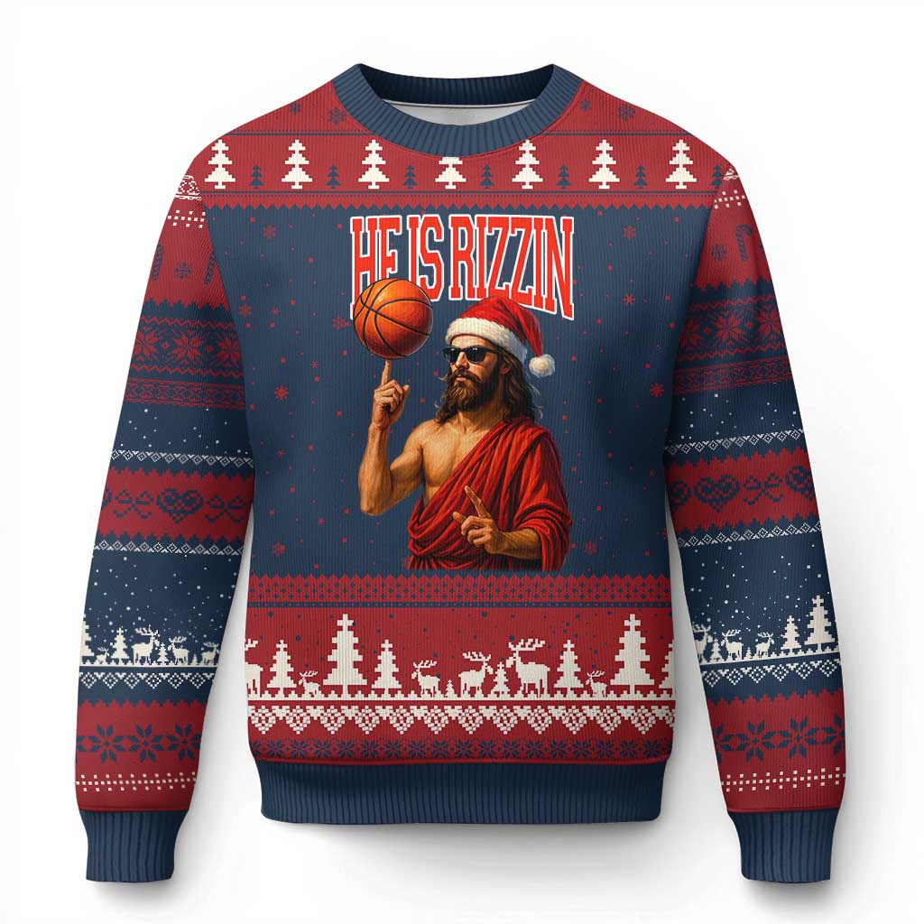 Jesus Basketball Xmas Ugly Christmas Sweater He Is Rizzin - Wonder Print Shop