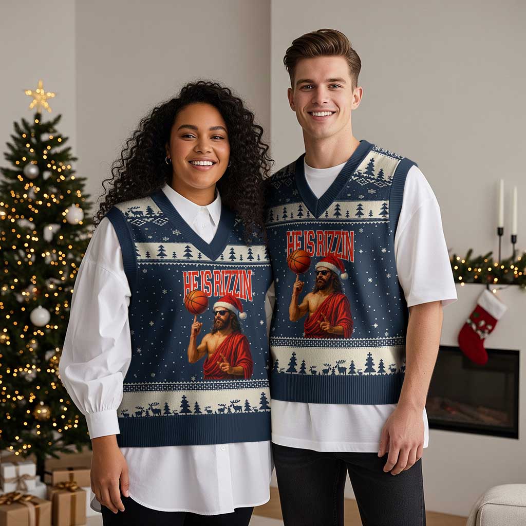 Jesus Basketball Xmas V-Neck Knit Sweater Vest He Is Rizzin - Wonder Print Shop