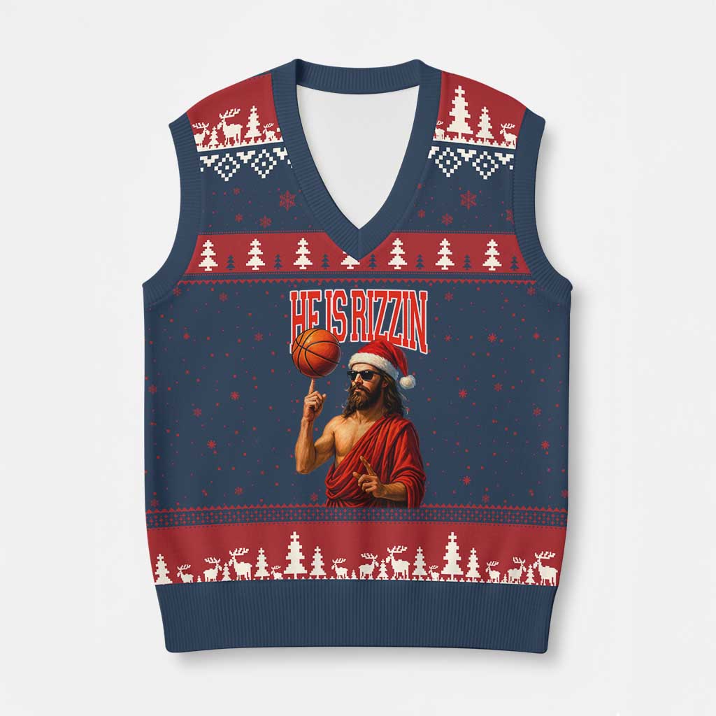 Jesus Basketball Xmas V-Neck Knit Sweater Vest He Is Rizzin - Wonder Print Shop
